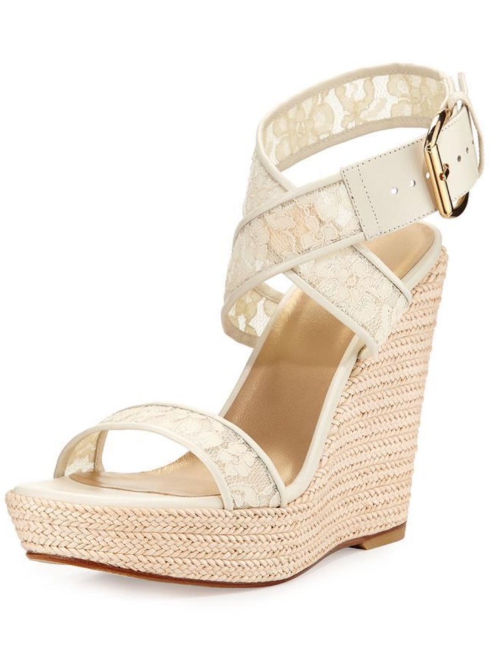 Stuart Weitzman Cream Lace Espadrille Wedge Sandals